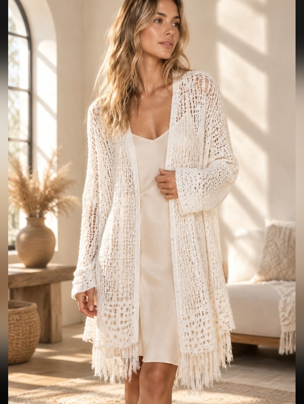 Audrey Parks Elegant White Fringe Women's Cardigan Duster Size Large